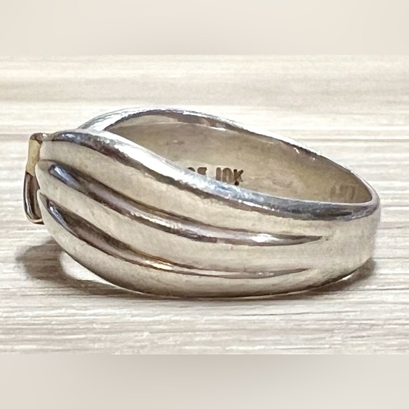 Vintage Designer Hallmarked Sterling Silver &18K Gold Fluted "X" Ring, 5.5g - Picture 3 of 10